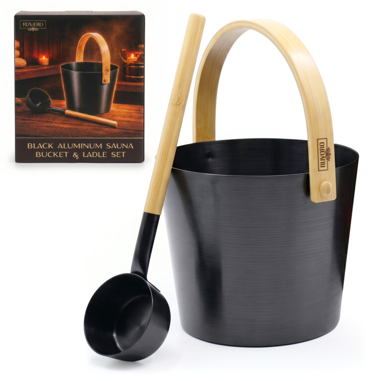 RUVARO black sauna bucket and matching ladle with natural bamboo handles