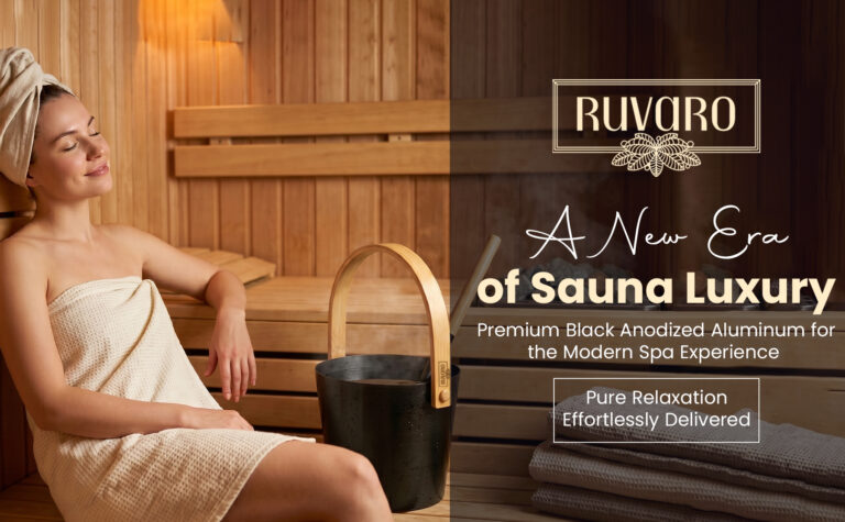 RUVARO black anodized aluminum sauna bucket in a warm wood sauna interior