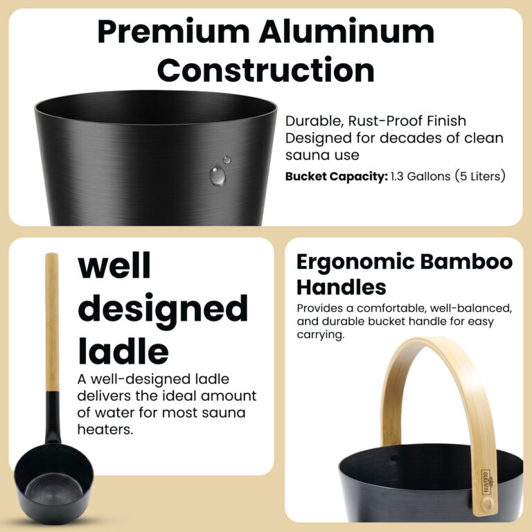 RUVARO 5 liter black sauna bucket with bamboo handle and matching ladle