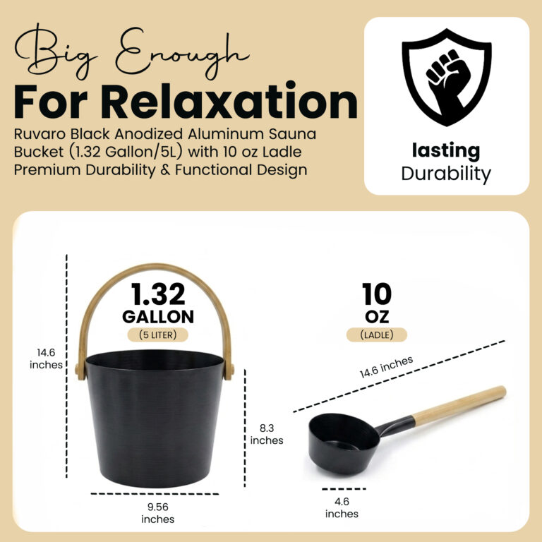 Published dimensions and capacity of the RUVARO black sauna bucket and ladle