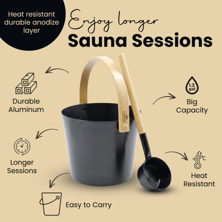 RUVARO black aluminum sauna bucket highlighting heat resistance, capacity and carrying design